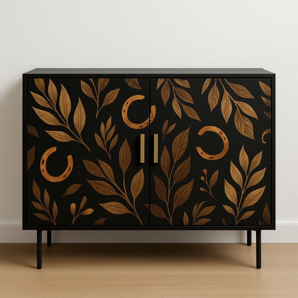 Buffet en Bois MDF avec Motif Feuille Noir et Doré 100x40x80cm