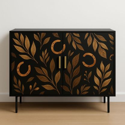 Buffet en Bois MDF avec Motif Feuille Noir et Doré 100x40x80cm