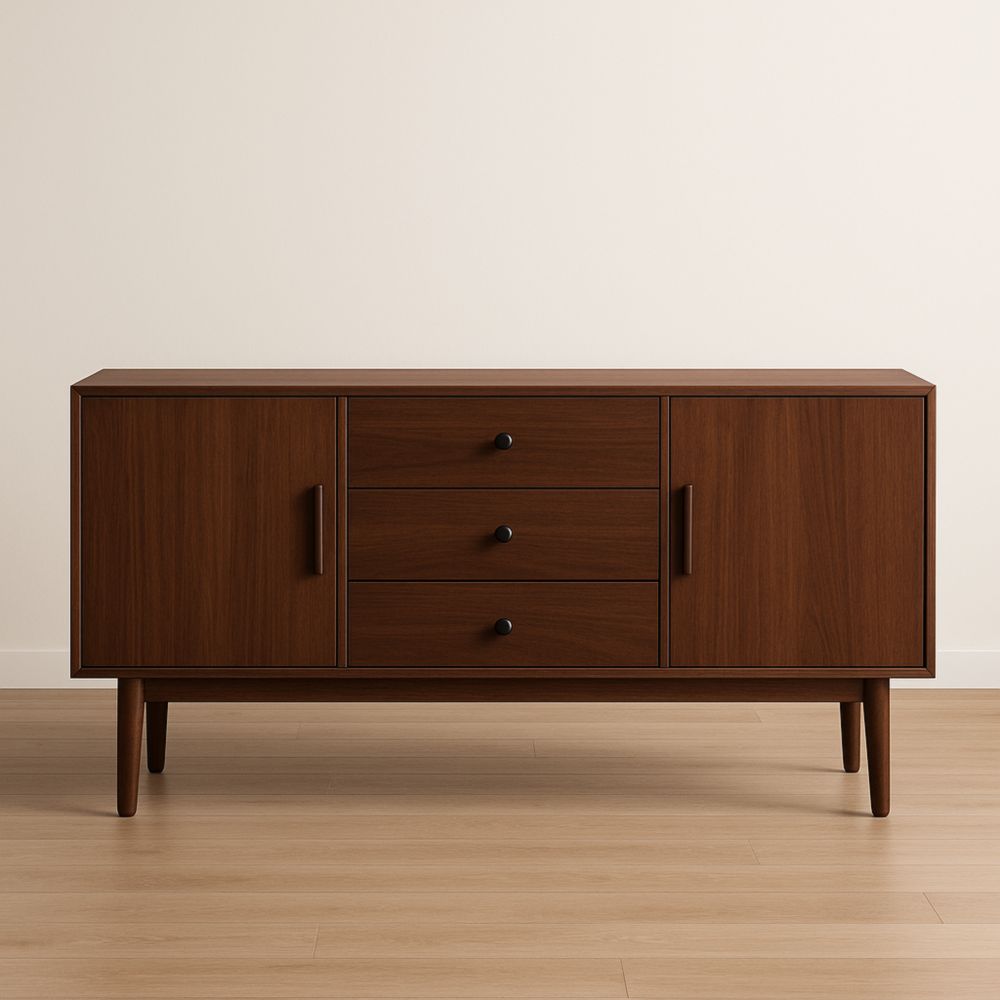 Buffet en bois de noyer brun avec 2 portes et 3 tiroirs