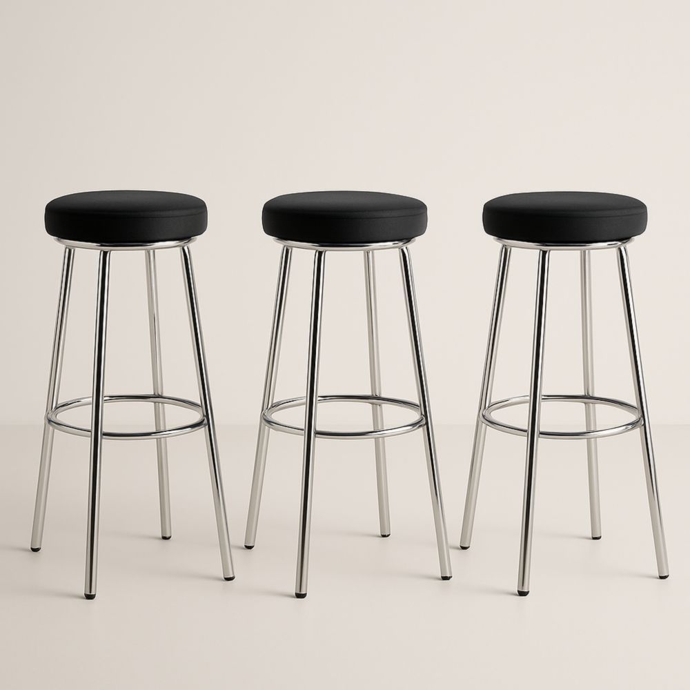 Lot de 3 tabourets de bar en acier chromé et simili-cuir noir 75 cm
