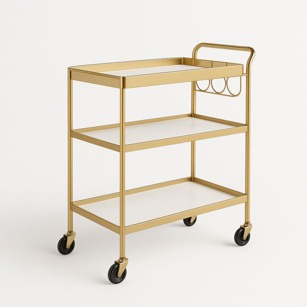 Chariot de Service en Métal Doré à 3 Étagères avec Roulettes