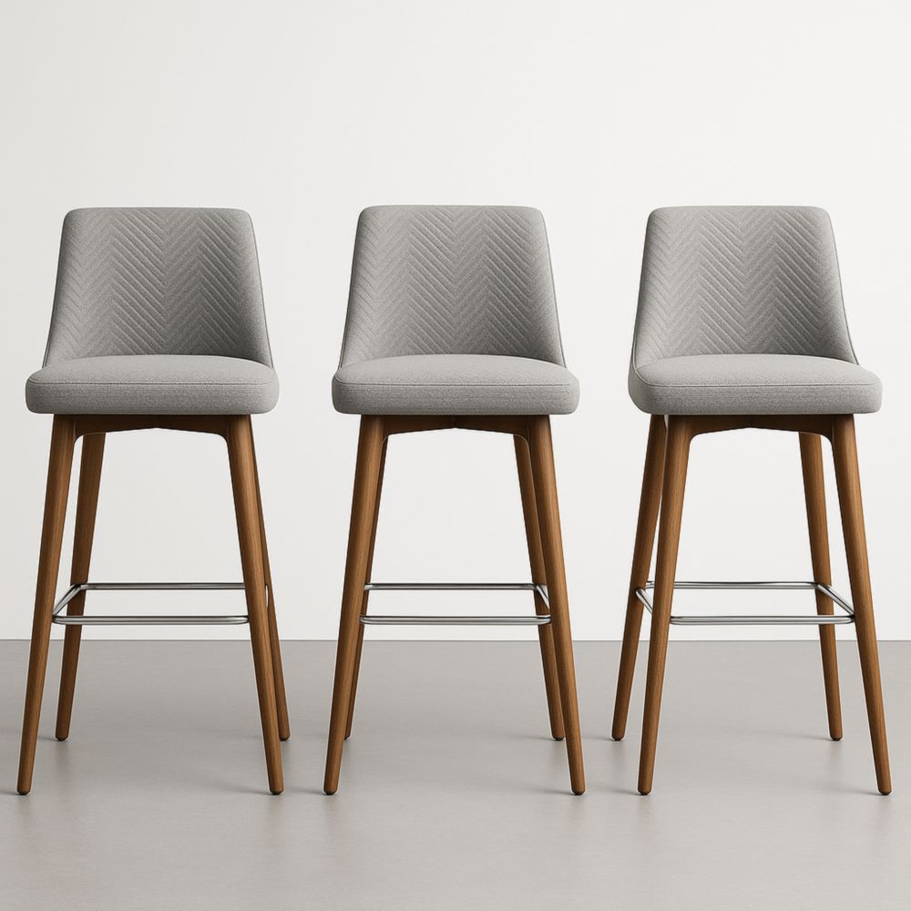 Tabourets de bar en tissu polyester gris avec pieds en bois d'hévéa, lot de 3