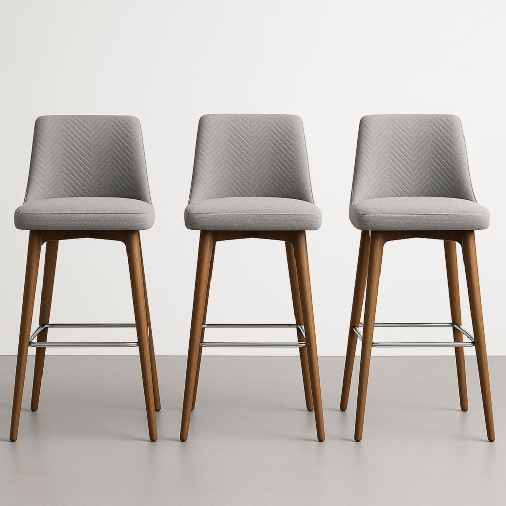 Tabourets de bar en tissu polyester gris avec pieds en bois d'hévéa, lot de 3