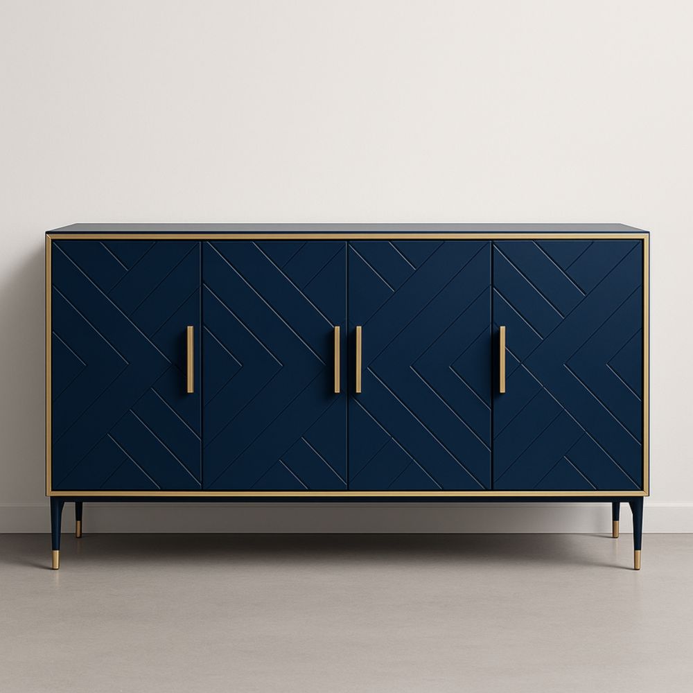 Buffet en Bois MDF Bleu Marine et Métal Doré 4 Portes 160x80x40 cm