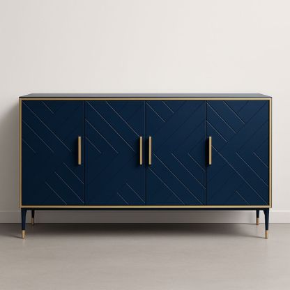 Buffet en Bois MDF Bleu Marine et Métal Doré 4 Portes 160x80x40 cm