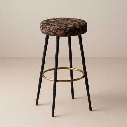 Tabouret de Bar en Tissu Floral avec Cadre Métallique Noir et Anneau Doré Hauteur 75 cm