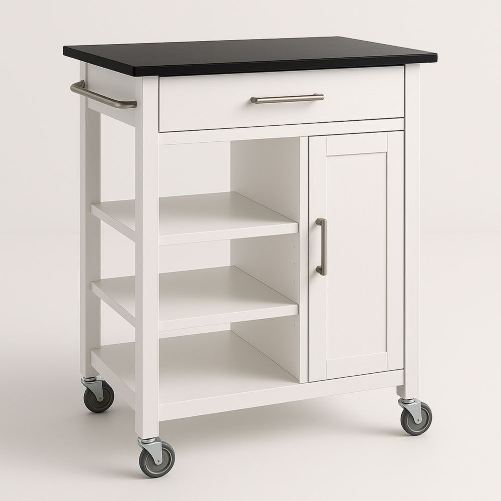 Chariot de Cuisine en Bois avec Plateau Noir et Roulettes