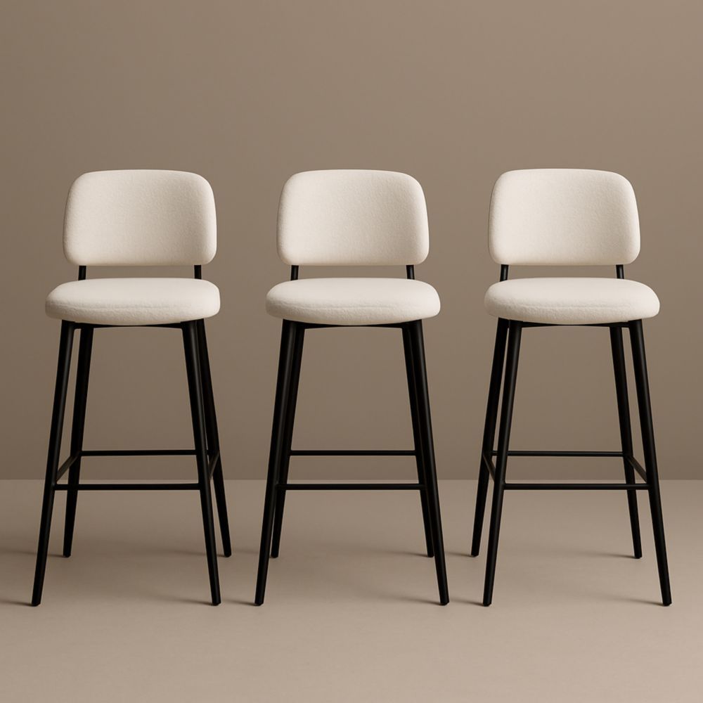 Lot de 3 Tabourets de Bar Tissu Blanc et Métal Noir
