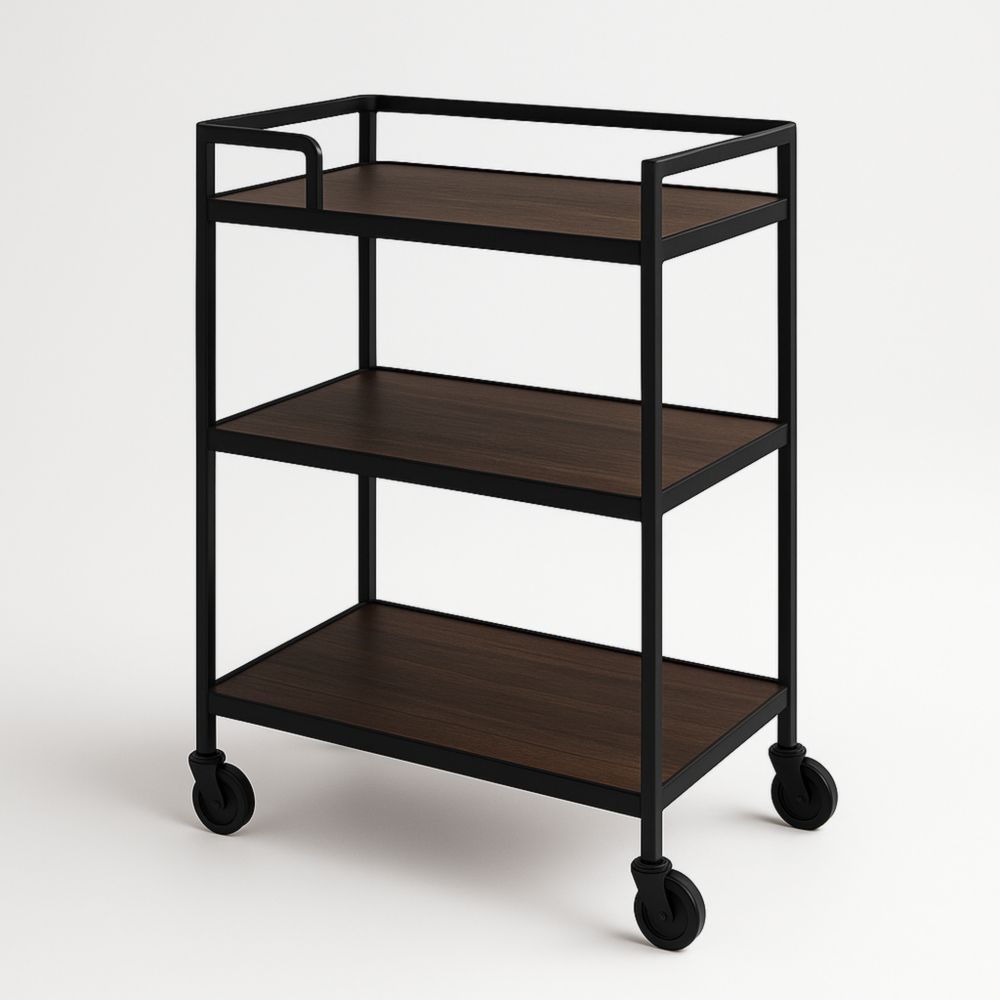 Chariot de Service en Métal avec Étagères en Bois Marron 3 Niveaux sur Roulettes