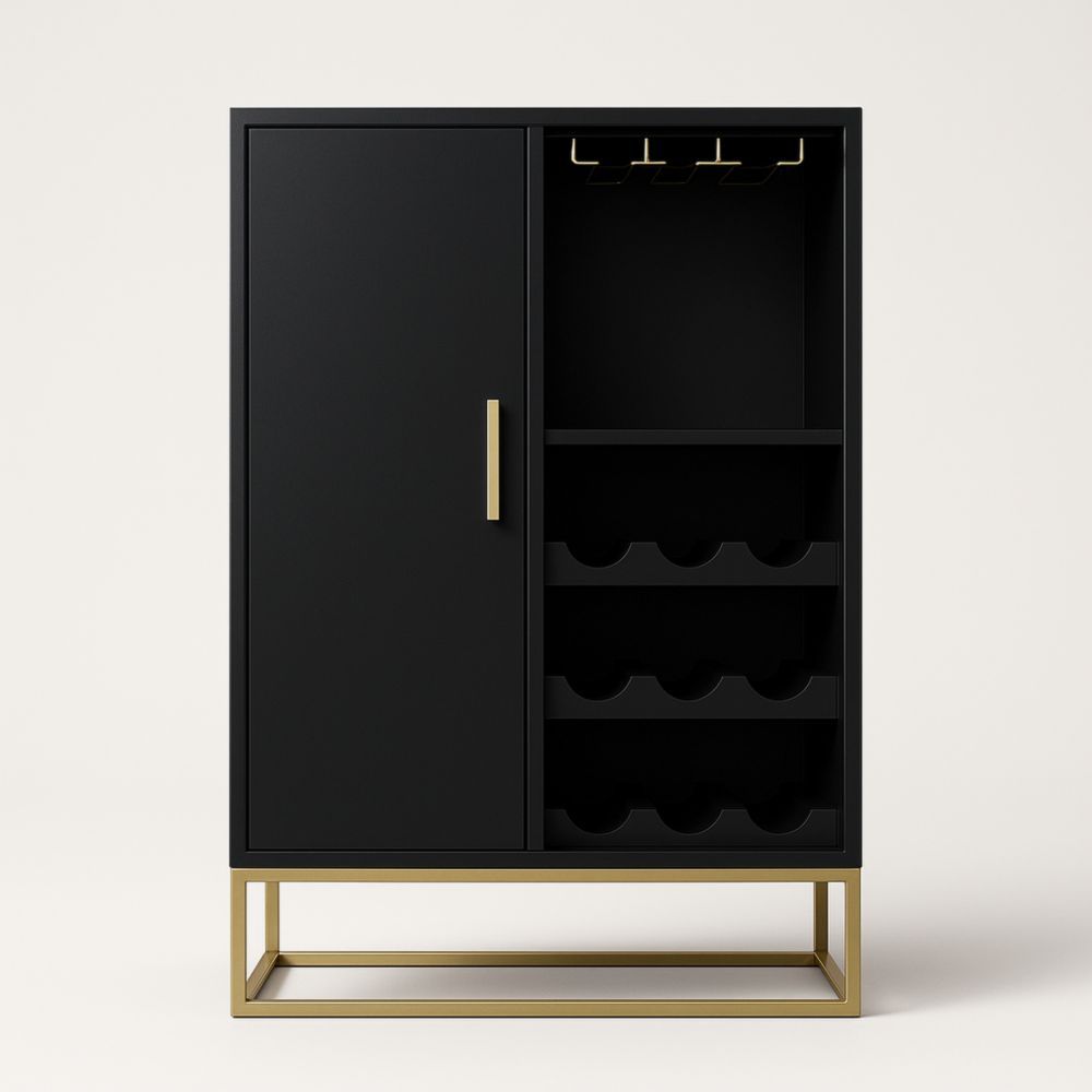 Buffet noir en MDF et métal avec casiers à vin
