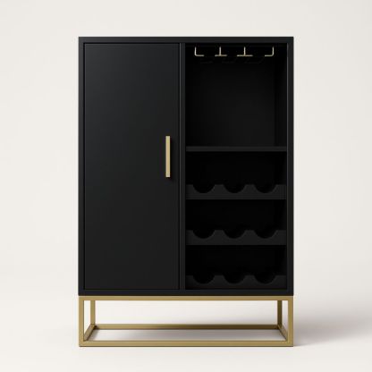 Buffet noir en MDF et métal avec casiers à vin