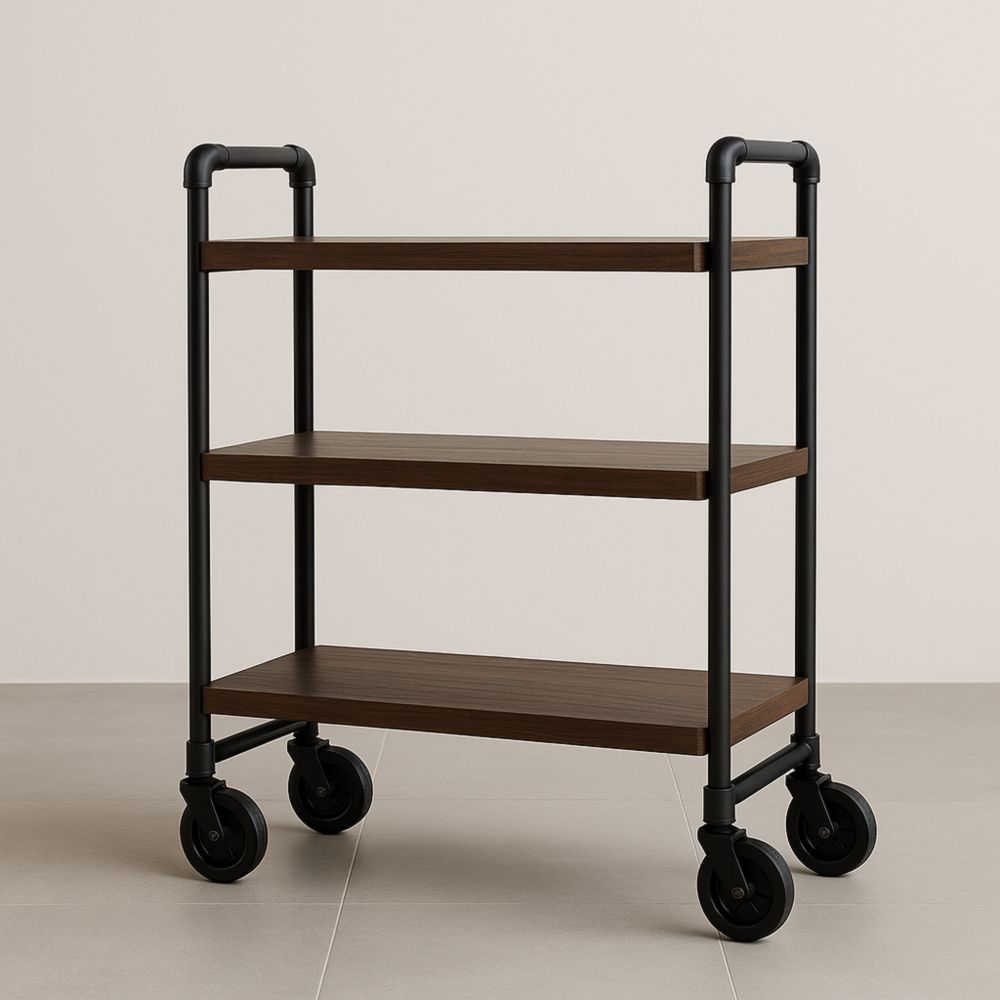 Desserte roulante à 3 niveaux en métal et bois