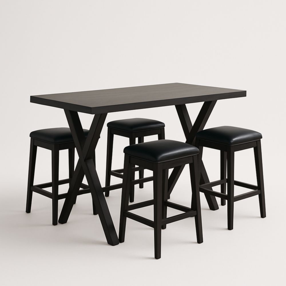 Ensemble Table Rectangulaire et 4 Tabourets en Bois et Similicuir Noir