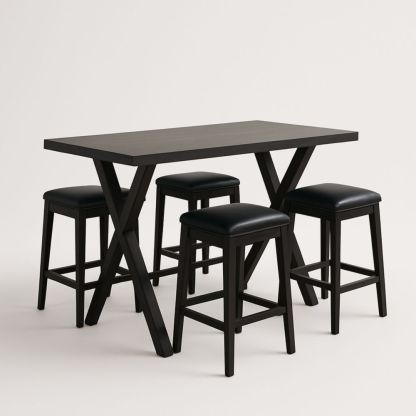 Ensemble Table Rectangulaire et 4 Tabourets en Bois et Similicuir Noir