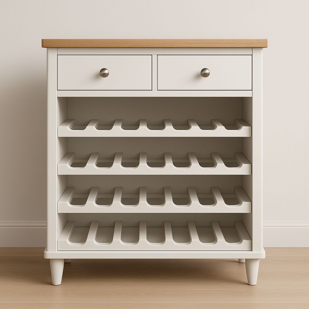 Casier à vin en bois MDF blanc avec plateau chêne et tiroirs 60x90x35 cm