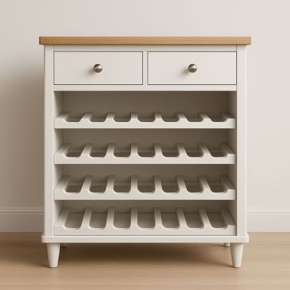 Casier à vin en bois MDF blanc avec plateau chêne et tiroirs 60x90x35 cm