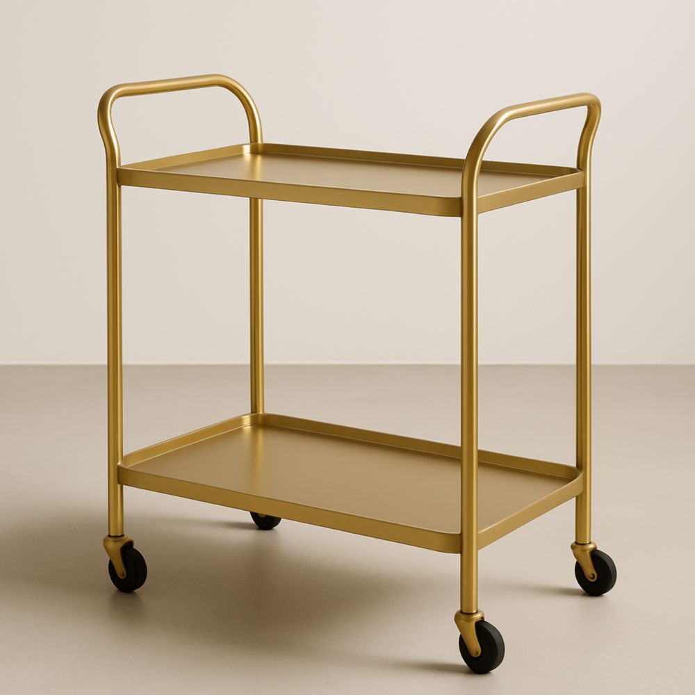 Chariot de service en métal doré 2 étagères avec roulettes