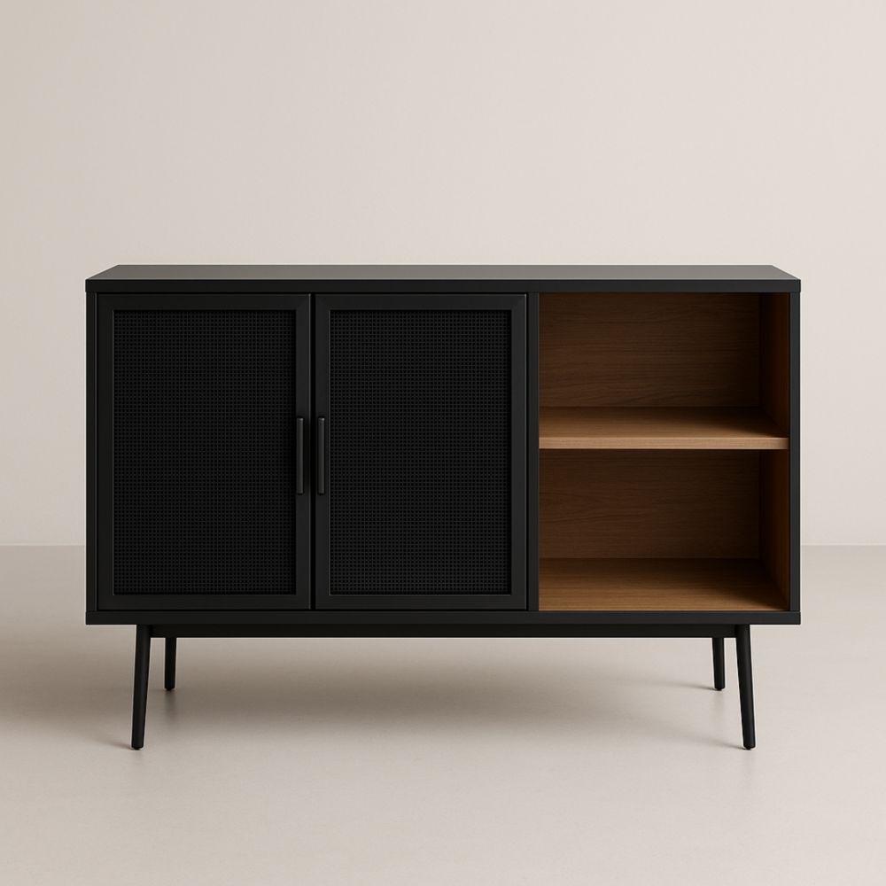 Buffet en Métal et Bois Noir avec Portes et Étagères 75x120x40 cm
