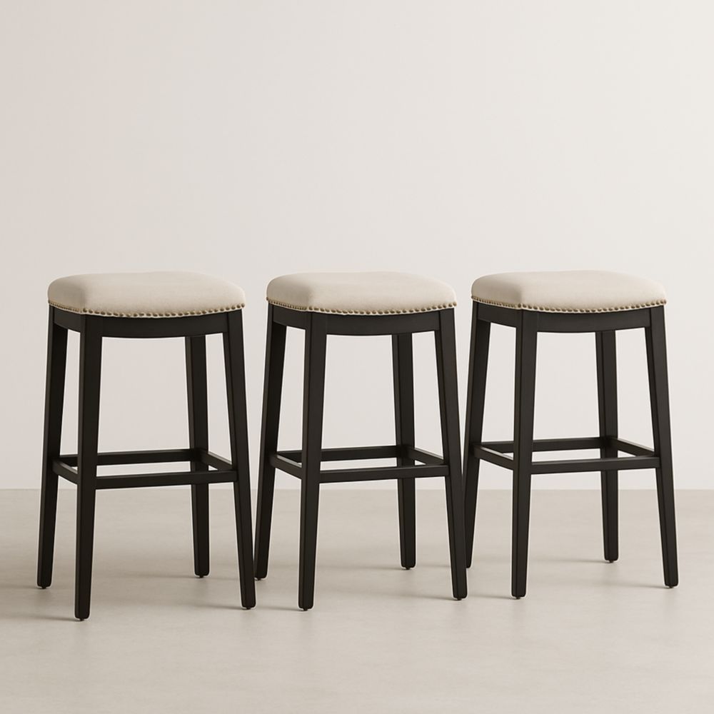 Tabourets de Bar en Bois et Tissu Beige Lot de 3