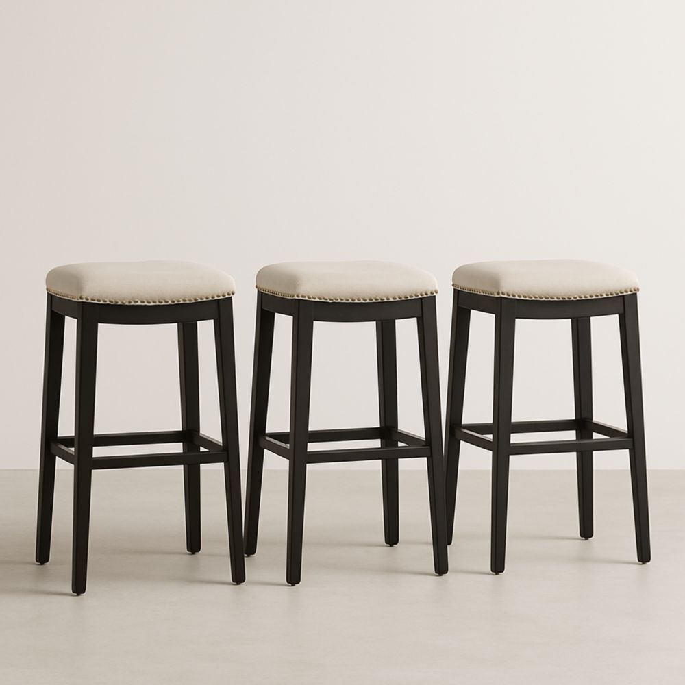 Tabourets de Bar en Bois et Tissu Beige Lot de 3