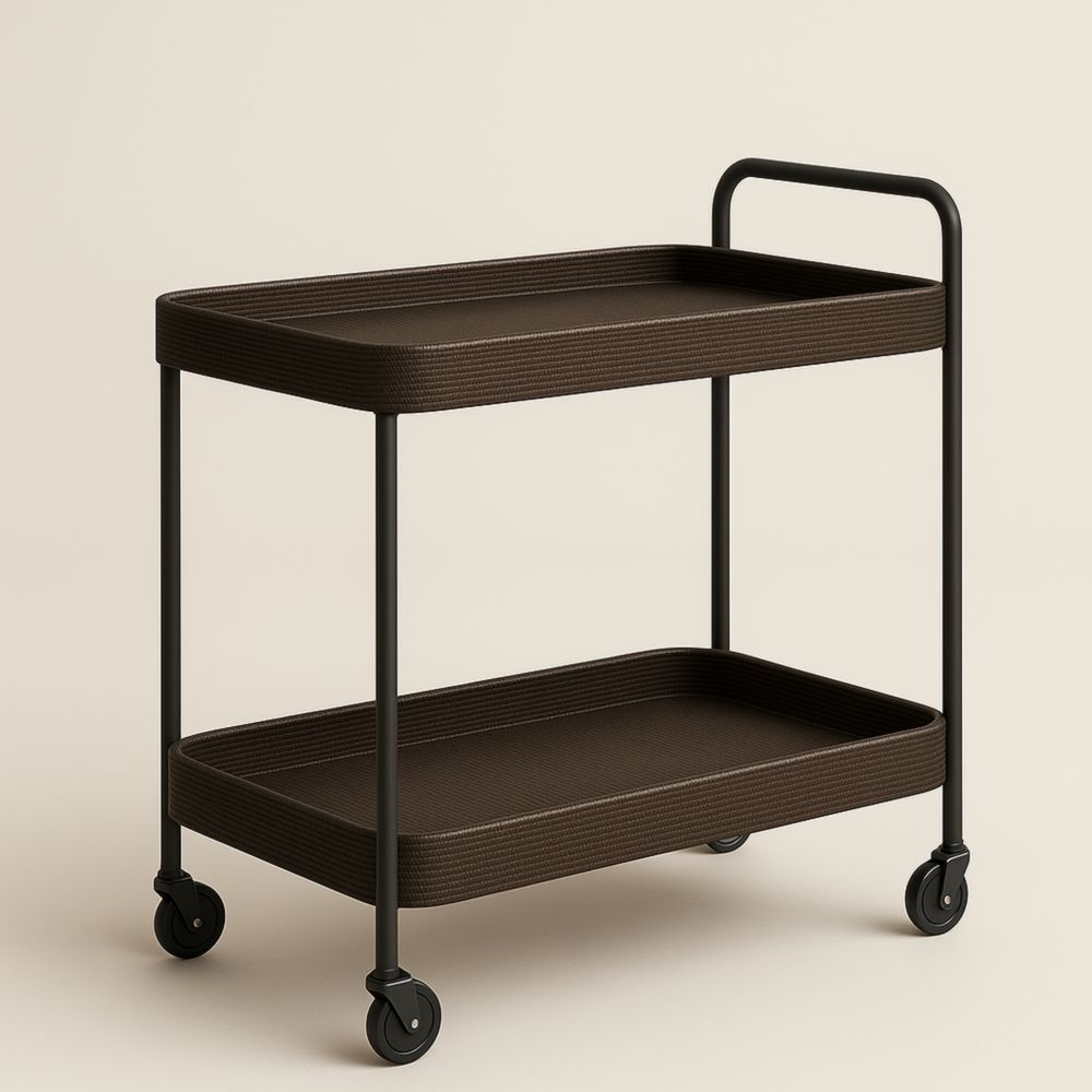 Chariot de Service Métallique Marron 2 Niveaux Roues