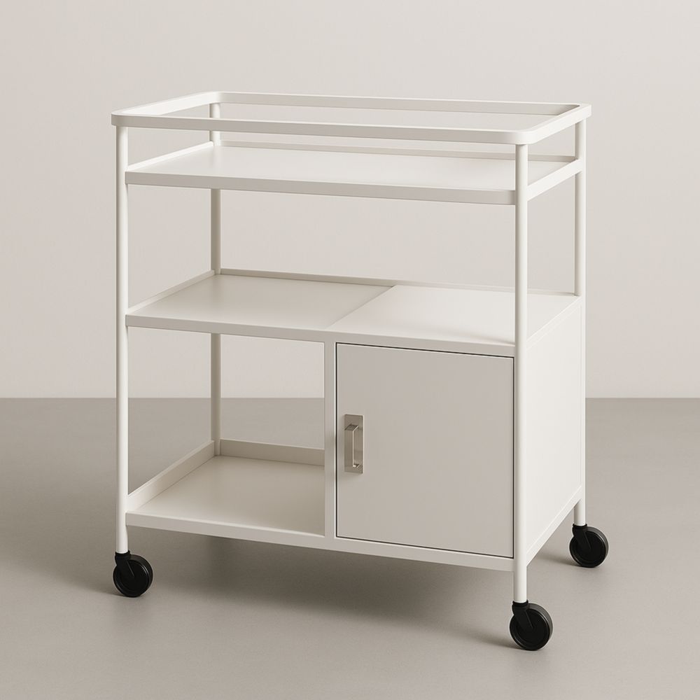 Chariot de Service Métal Blanc 3 Étagères avec Porte