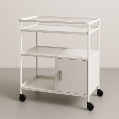 Chariot de Service Métal Blanc 3 Étagères avec Porte