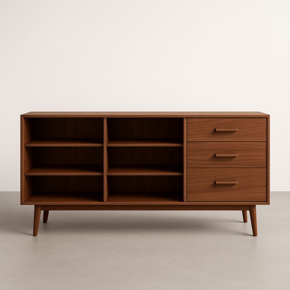 Buffet en bois noyer avec étagères et tiroirs