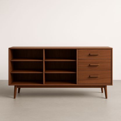 Buffet en bois noyer avec étagères et tiroirs