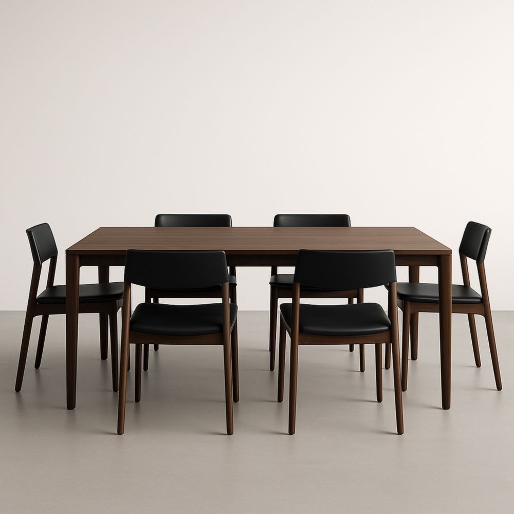 Table à manger bois massif avec chaises noires rembourrées