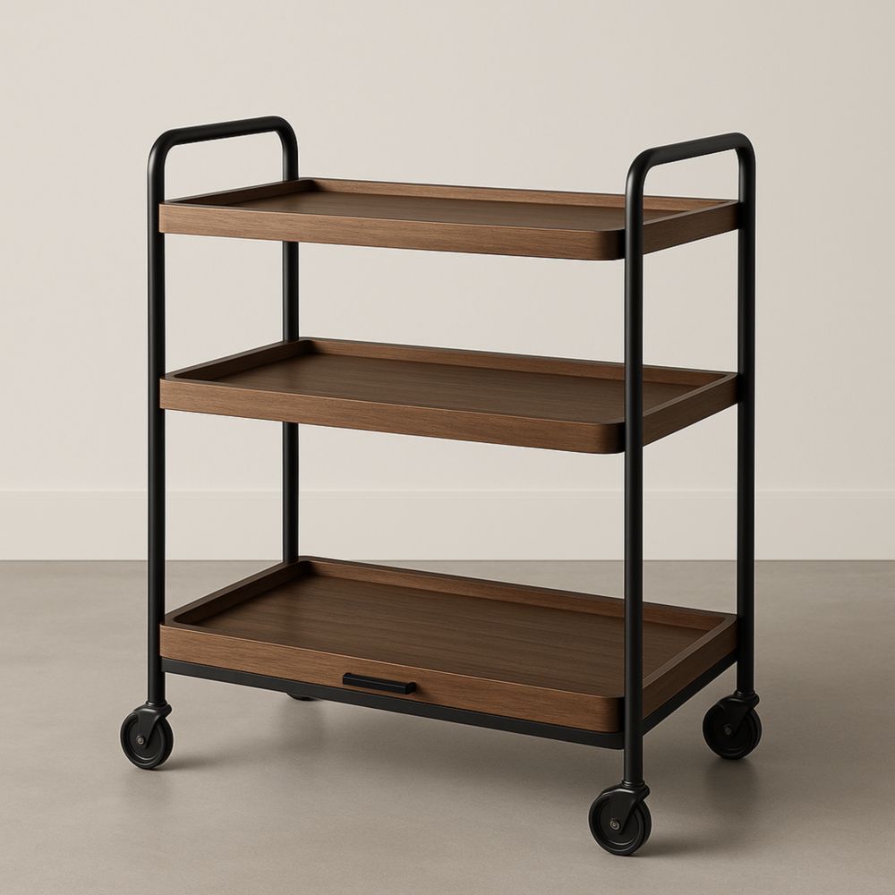 Chariot de Service en Bois et Métal à 3 Niveaux