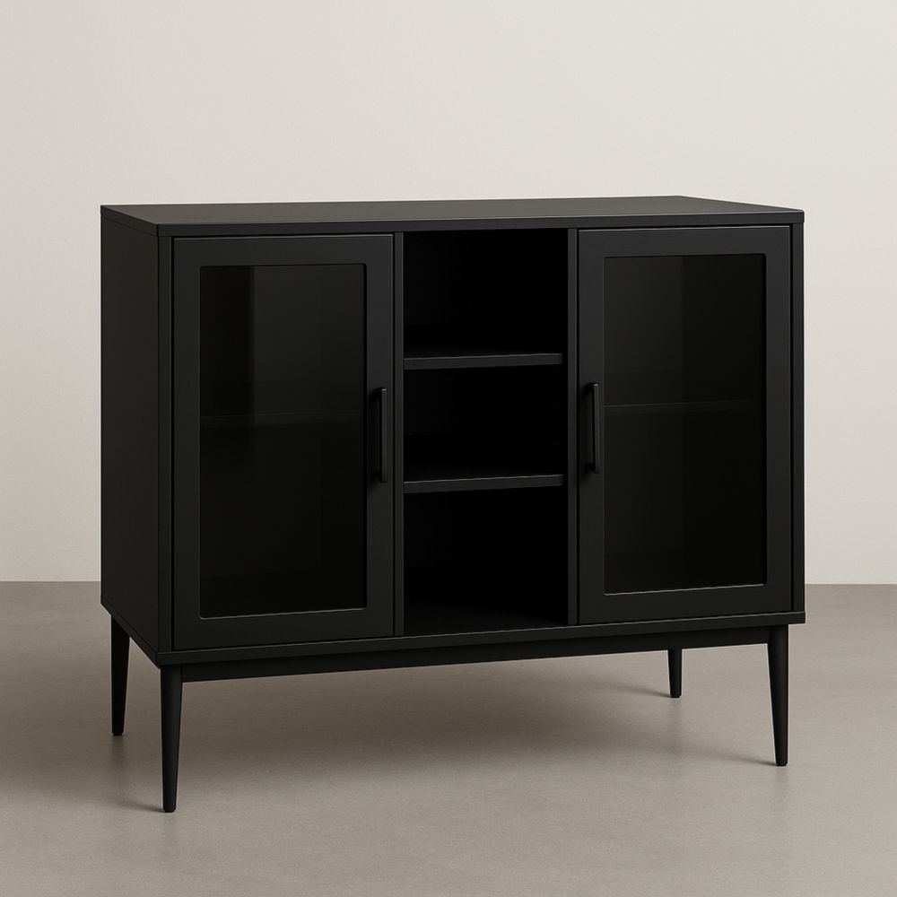 Buffet en métal noir avec portes en verre trempé 120x40x90 cm