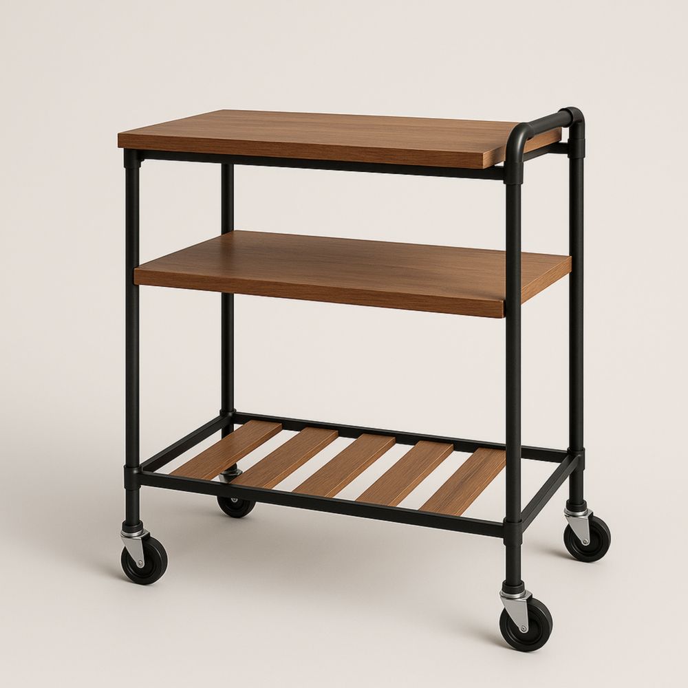 Chariot de Service en Métal Noir et Bois avec Roulettes