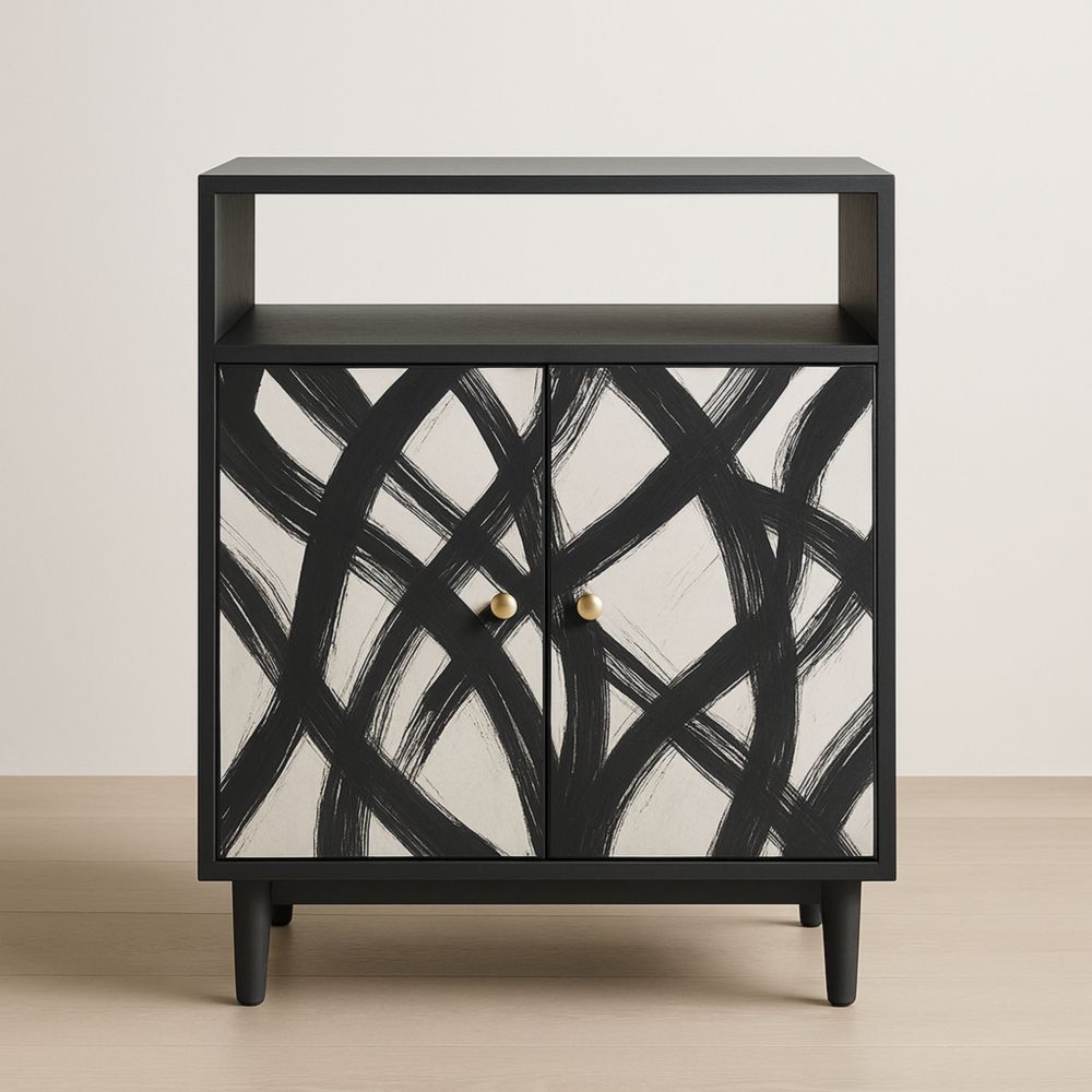 Meuble de rangement en MDF avec motif noir et blanc 2 portes