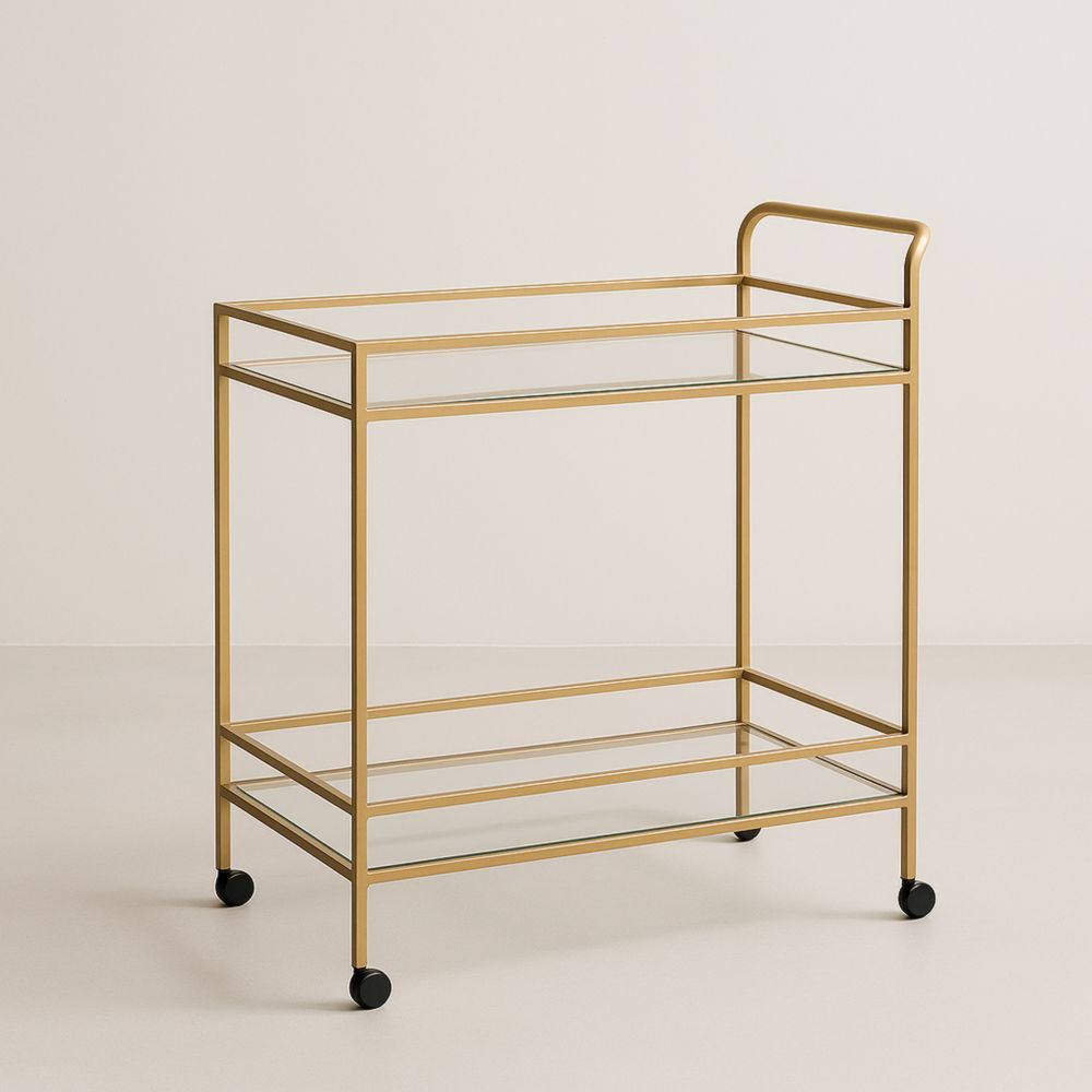 Chariot de Service en Métal Doré avec Étagères en Verre