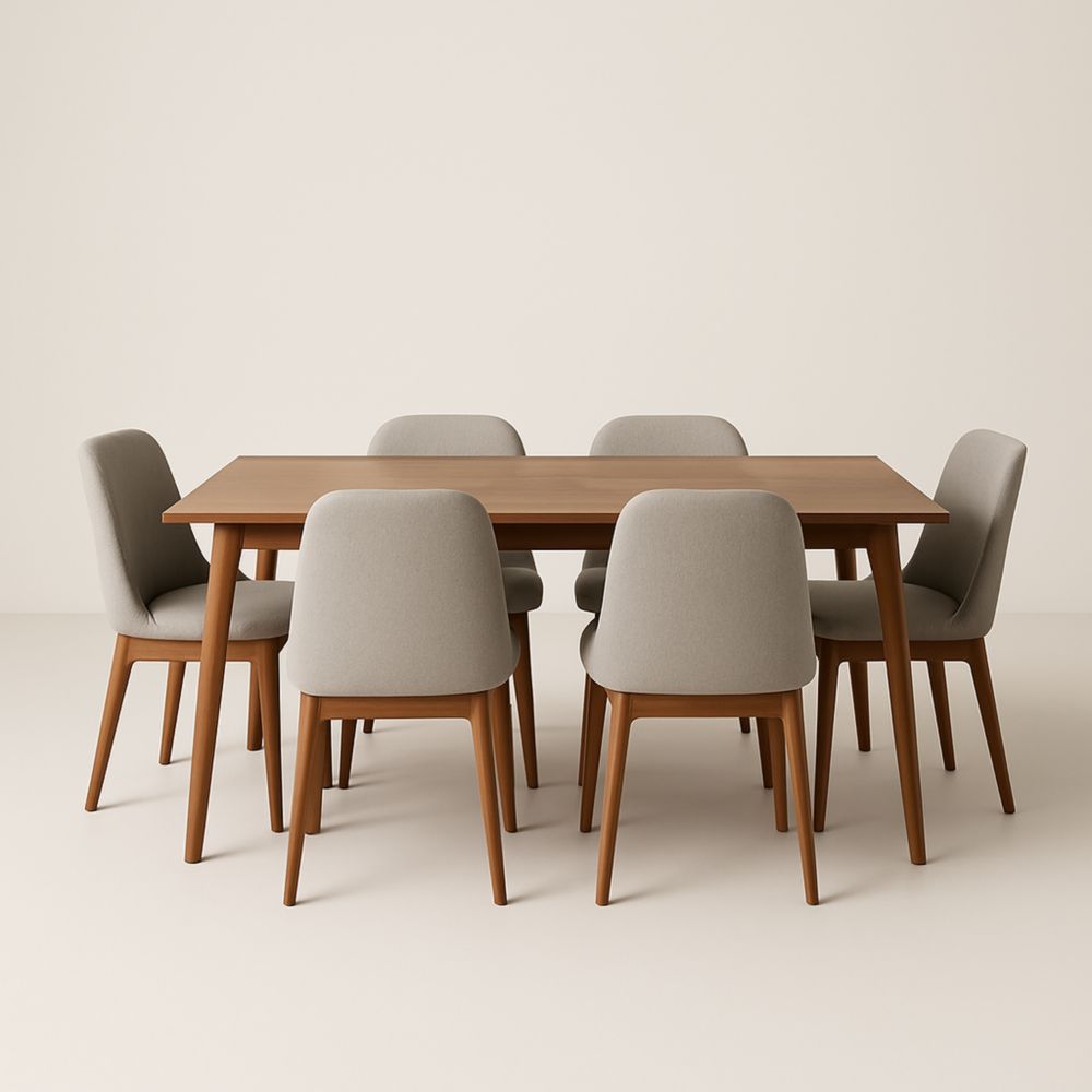 Table à manger en bois avec chaises en tissu gris