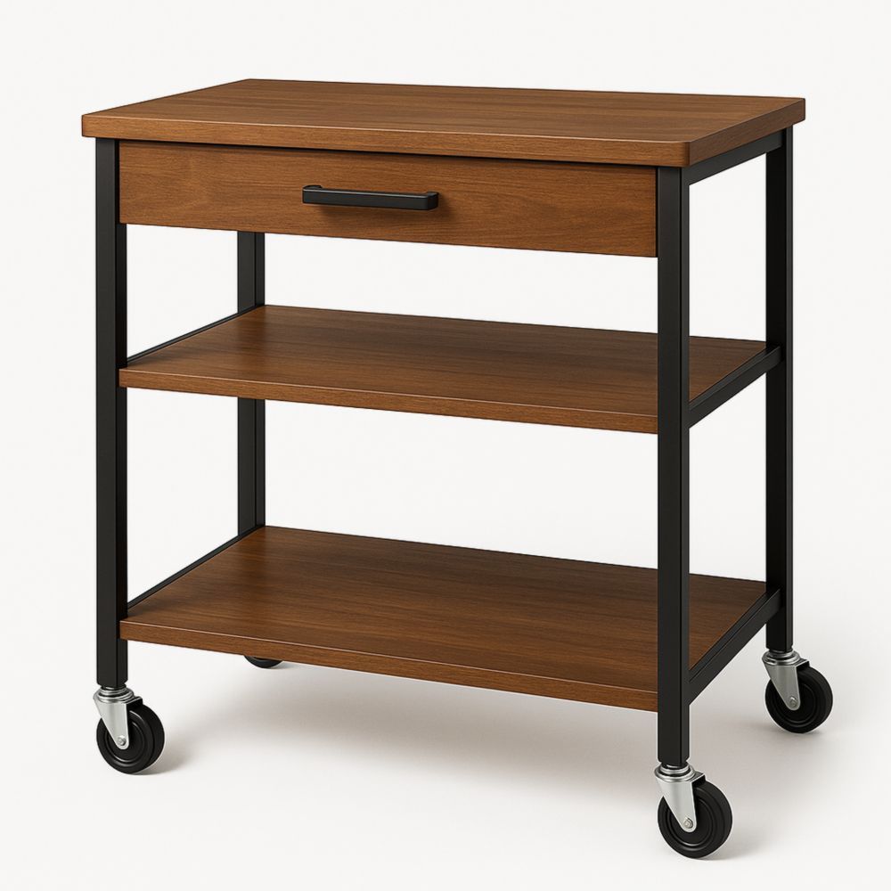 Chariot de Cuisine en Bois MDF et Métal Noir 3 Niveaux