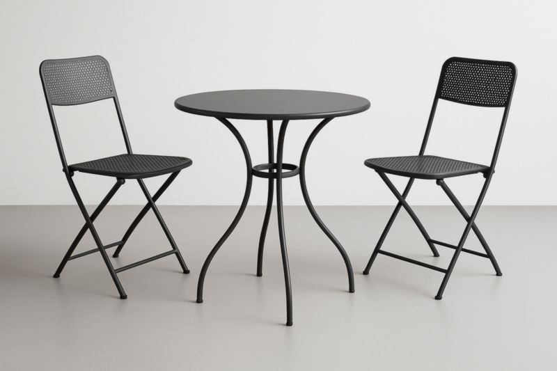 Set da esterno 3 pezzi in metallo Nero tavolo rotondo con 2 sedie pieghevoli-Kroneliva