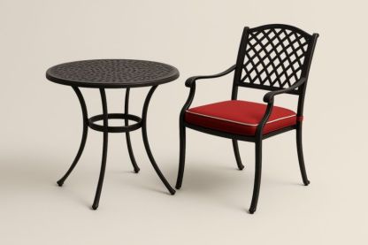 Set tavolo e sedia in metallo nero con cuscino rosso-Kroneliva