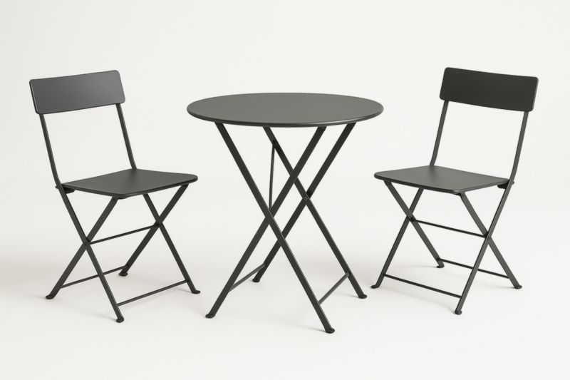 Set tavolo rotondo e sedie pieghevoli in metallo nero-Kroneliva