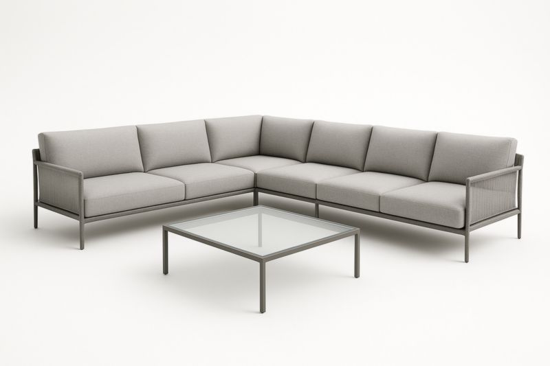Divano angolare da esterno in alluminio con tavolino in vetro temperato grigio-Kroneliva