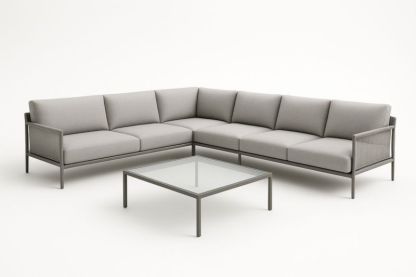 Divano angolare da esterno in alluminio con tavolino in vetro temperato grigio-Kroneliva