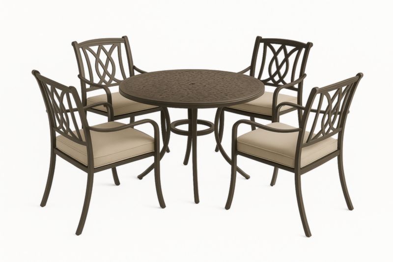 Set tavolo rotondo e sedie in alluminio bronzo con cuscini beige-Kroneliva