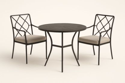 Set tavolo rotondo e sedie in metallo nero con cuscini beige per esterni-Kroneliva