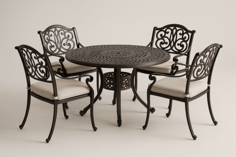 Set giardino in alluminio nero con tavolo rotondo e 4 sedie con cuscini crema-Kroneliva