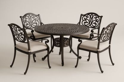 Set giardino in alluminio nero con tavolo rotondo e 4 sedie con cuscini crema-Kroneliva