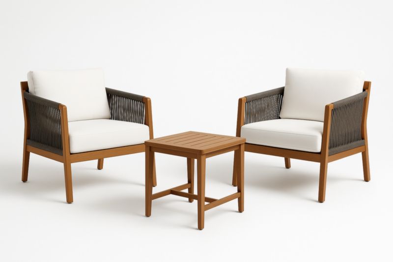 Set Mobili da Giardino in Legno e Corda con Cuscini Bianchi-Kroneliva