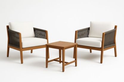 Set Mobili da Giardino in Legno e Corda con Cuscini Bianchi-Kroneliva