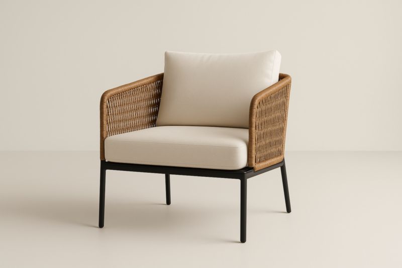 Poltrona da Esterno in Rattan Sintetico con Telaio in Metallo e Cuscini in Tessuto Beige-Kroneliva