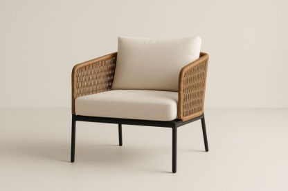 Poltrona da Esterno in Rattan Sintetico con Telaio in Metallo e Cuscini in Tessuto Beige-Kroneliva